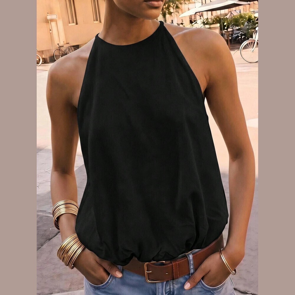 Black Woven Crew Neck Sleeveless Bubble Hem Loose Tank Top